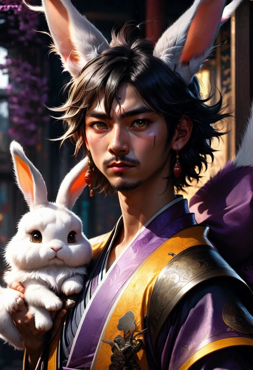 a cool boy with long fluffy rabbit ears, rabbit ears, Badass Samurai boy with rabbit ears intricate details, HDR, beautifully shot, hyperrealistic, sharp focus, megapixels, perfect composition, high contrast, cinematic, atmospheric, moody 8k resolution concept art by Greg Rutkowski dynamic lighting hyperdetailed intricately detailed Splash art trending on Artstation triadic colors Unreal Engine 5 volumetric lighting Alphonse Mucha WLOP, a masterpiece, 8k resolution, dark fantasy concept art, by Greg Rutkowski, dynamic lighting, hyperdetailed, intricately detailed, Splash screen art, trending on Artstation, deep color, Unreal Engine, volumetric lighting, Alphonse Mucha, Jordan Grimmer, purple and yellow complementary colours