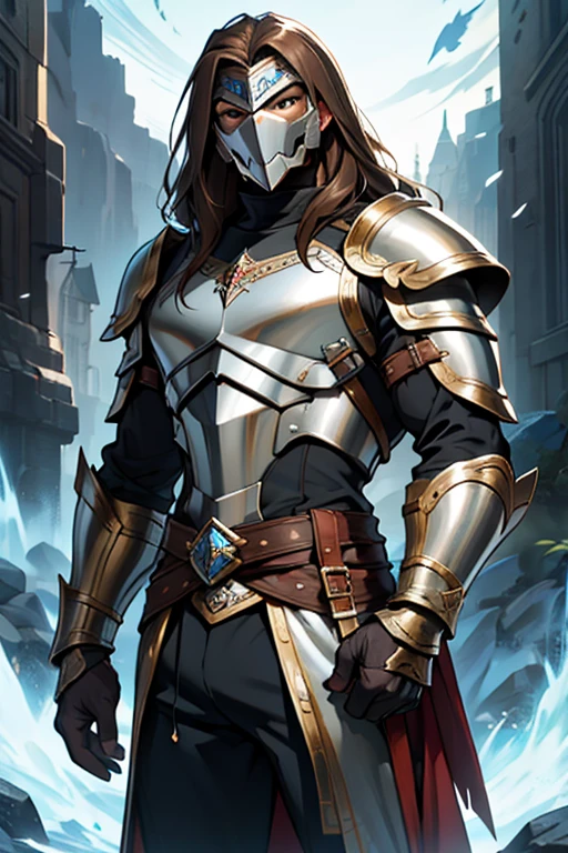 Hombre,. musculoso, long brown hair, silver armor mask, armadura de caballero de plata con el pecho descubierto 