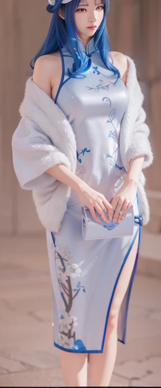 8K, 1.4 times more realism，Ultra HD, High Detail,Blue hair，White hat，Face details，Silver high heels，Cheongsam Beauty，