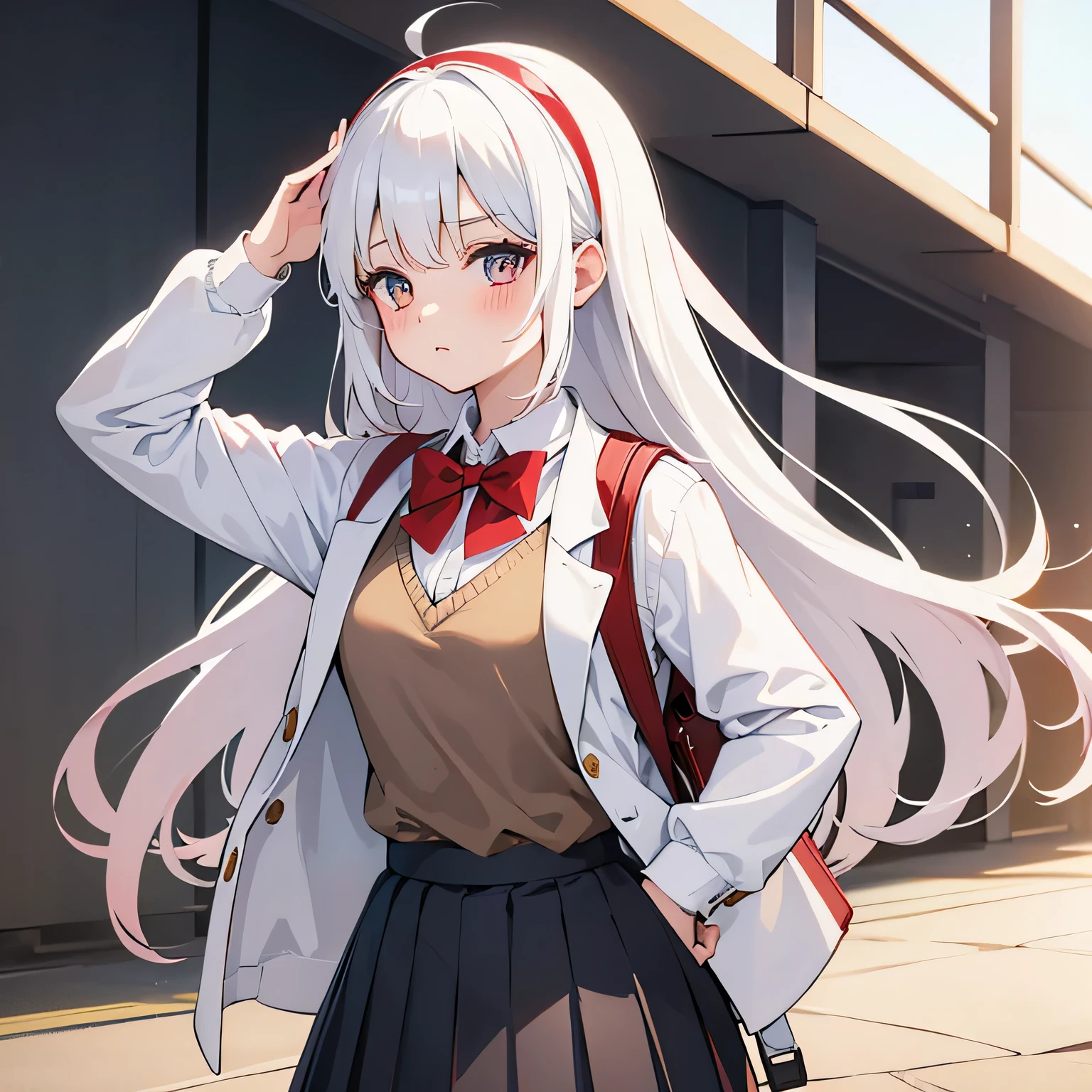 1 girl,Red pupil color，White hair， masterpiece, best quality,Nick Admi, Solitary, Pleated Skirt, Jacket, lattice, Hair accessories, bow tie, Sweater vest, blush, white Jacket, Grey sweater, yellow bow tie, Small Breasts, Backpack, White socks, Long sleeve,