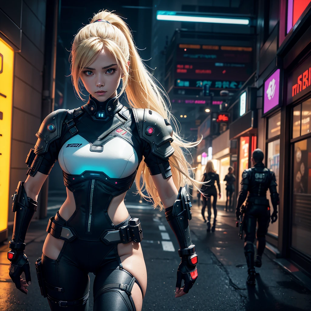 Generate a premium, high-definition image of a young woman with a long blonde ponytail, donned in white and black Cyberpunk 2077-style armor, with a gun holstered on her back. Amidst a neon-lit Cyberpunk desert, Japanese characters illuminate the scene. Influenced by Cyberpunk Edgerunners and anime, the image captivates with dynamic composition, vibrant gradients, and futuristic elements. With superior atmospheric effects, reflections, and shadows, in high-resolution up to 8K, this sci-fi masterpiece mesmerizes viewers.