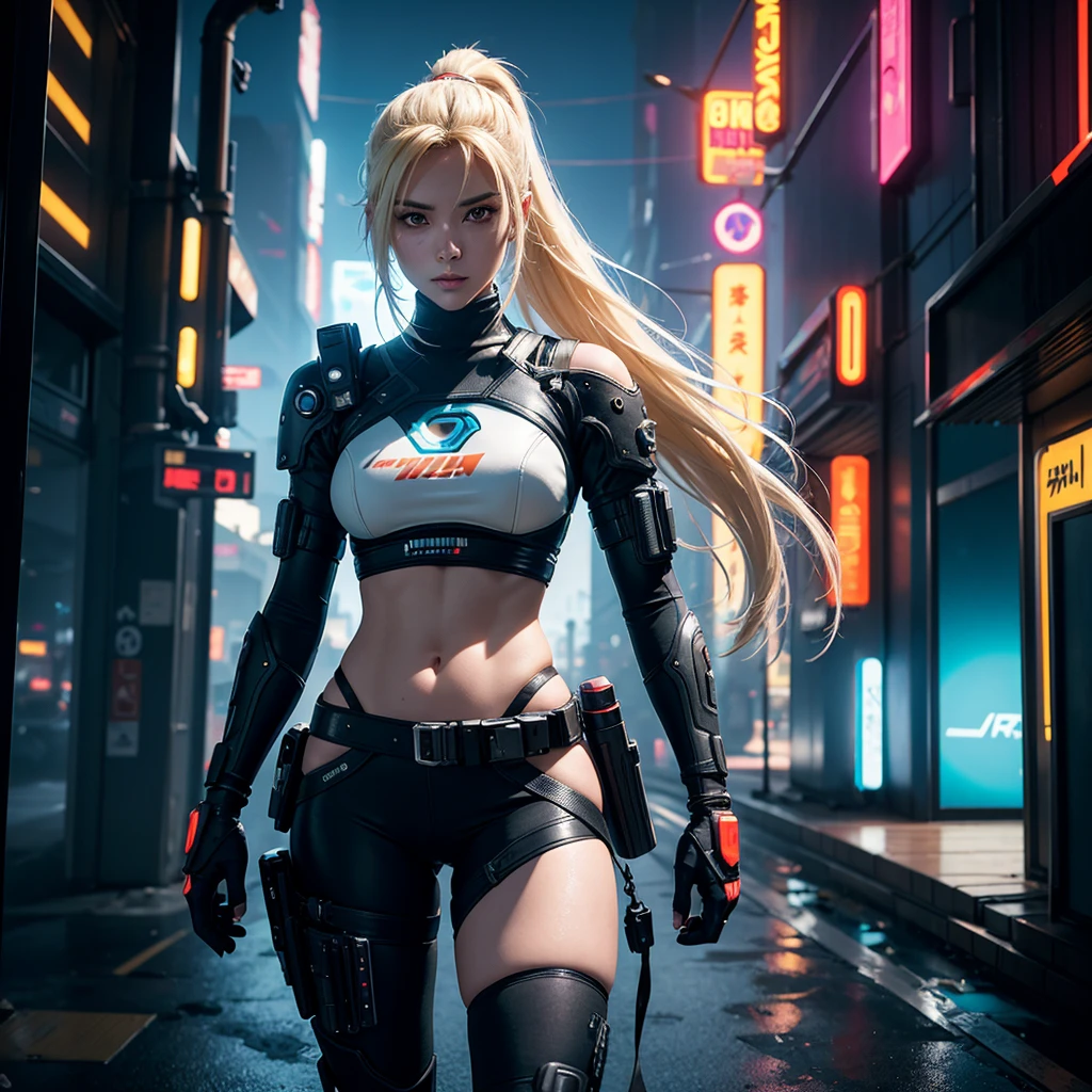 Generate a premium, high-definition image of a young woman with a long blonde ponytail, donned in white and black Cyberpunk 2077-style armor, with a gun holstered on her back. Amidst a neon-lit Cyberpunk desert, Japanese characters illuminate the scene. Influenced by Cyberpunk Edgerunners and anime, the image captivates with dynamic composition, vibrant gradients, and futuristic elements. With superior atmospheric effects, reflections, and shadows, in high-resolution up to 8K, this sci-fi masterpiece mesmerizes viewers.