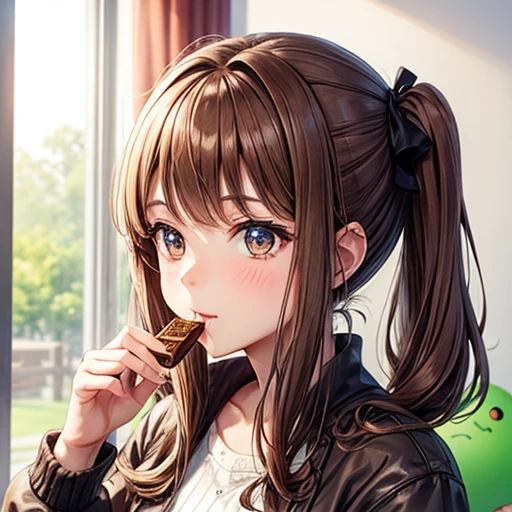 Brown-haired girl eating chocolate chip cookies with slime