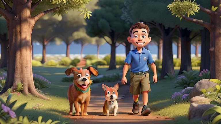 male , Obra de arte, melhor qualidade, brasileiro, com pele branca, direto,, cabelos castanhos curto. the boy will be smiling, next to your dog . She will be dressed in a blue polo shirt, khaki pants, Shoes on the feet, in a forest with tall trees and flowers in the bushes walking across a ground of loss