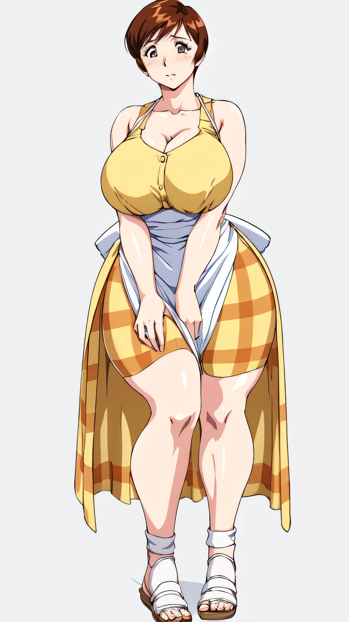 masterpiece, highest quality, High resolution, One Girl, alone, alone, short hair, etsukoto, fine grain, fine grain, (((Thick thighs, Plump thighs, Voluptuous thighs, Thighs are enough))), Big and ample breasts, Cleavage, Huge long breasts, Naughty big,((Big breasts are important))、((Naughty thighs)), L Cup, (thin:1.4),(Tight waist:1.4),  (Perfect beautiful yellow dress:1.4), ((white waist apron)), Embarrassed look, White panties, (((Simple Background))), ((Wide Hips)), Shiny, Oily skin, Mature mother, Calf, Seductive mature woman, Perfect body, Plus Size Model, etsukoto, blush, clavicle, retro artstyle, 1990s (style), ((bare legs)), bare feet, full body, showing legs, open legs,