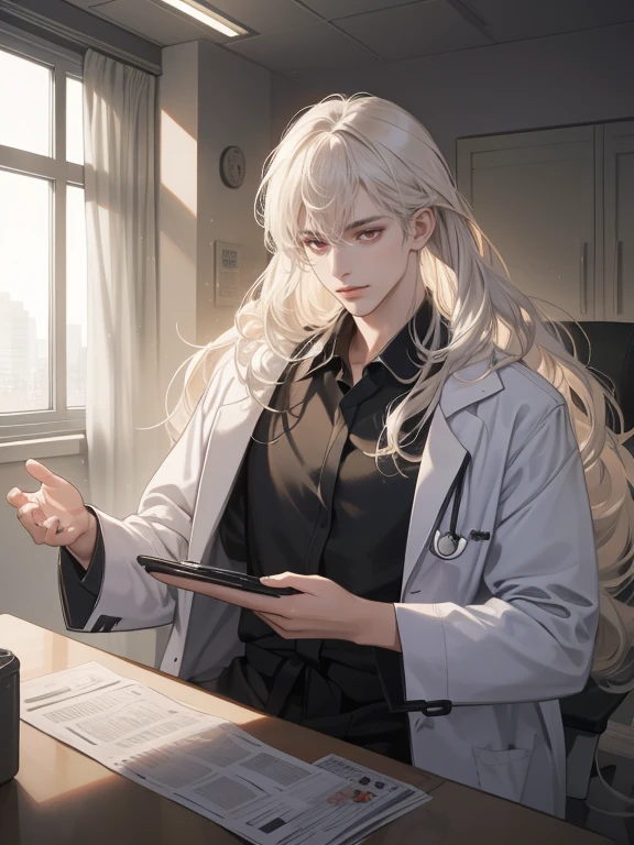 a towering figure at 6'2 ft, (red eyes against a pale complexion), His flowing long curly white hair, styled in a sophisticated mullet, His lean, refined demeanor make him the epitome of male beauty. elegant,medical office, handsome, mullet hair elegant, flowy hair, hairdown, thick hair between his eyes, (thick short side swept bangs), (black pajamas), (CLASSIC FRINGE WITH TEXTURE side swept), (wavy hair), (((on medical office))), ((((wearing doctor outfit))))