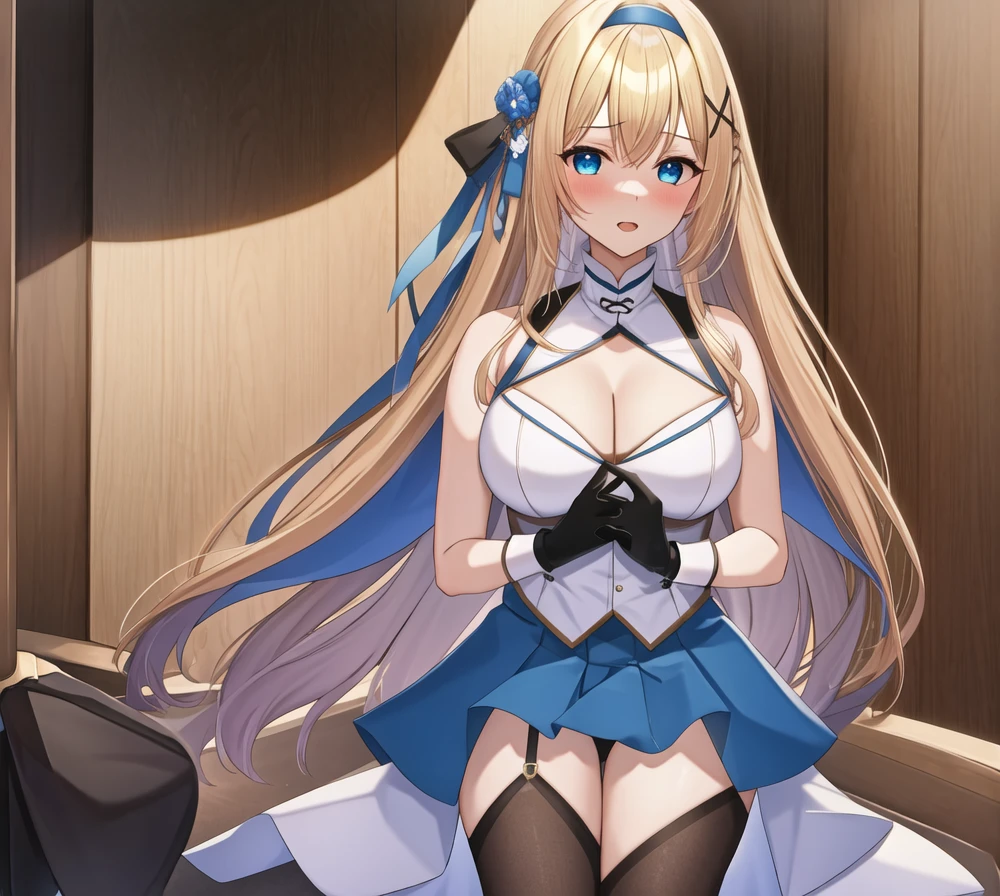 (masterpiece, best quality:1.2), 1 Girl, Solitary, blond, Blue hair band, 左边是Blue hair band, White blue breast, Black gloves, knight skirt, Gray background