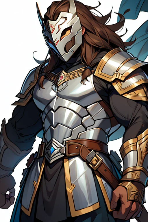 Hombre,. musculoso, long brown hair, silver armor mask, armadura de caballero de plata con el pecho descubierto