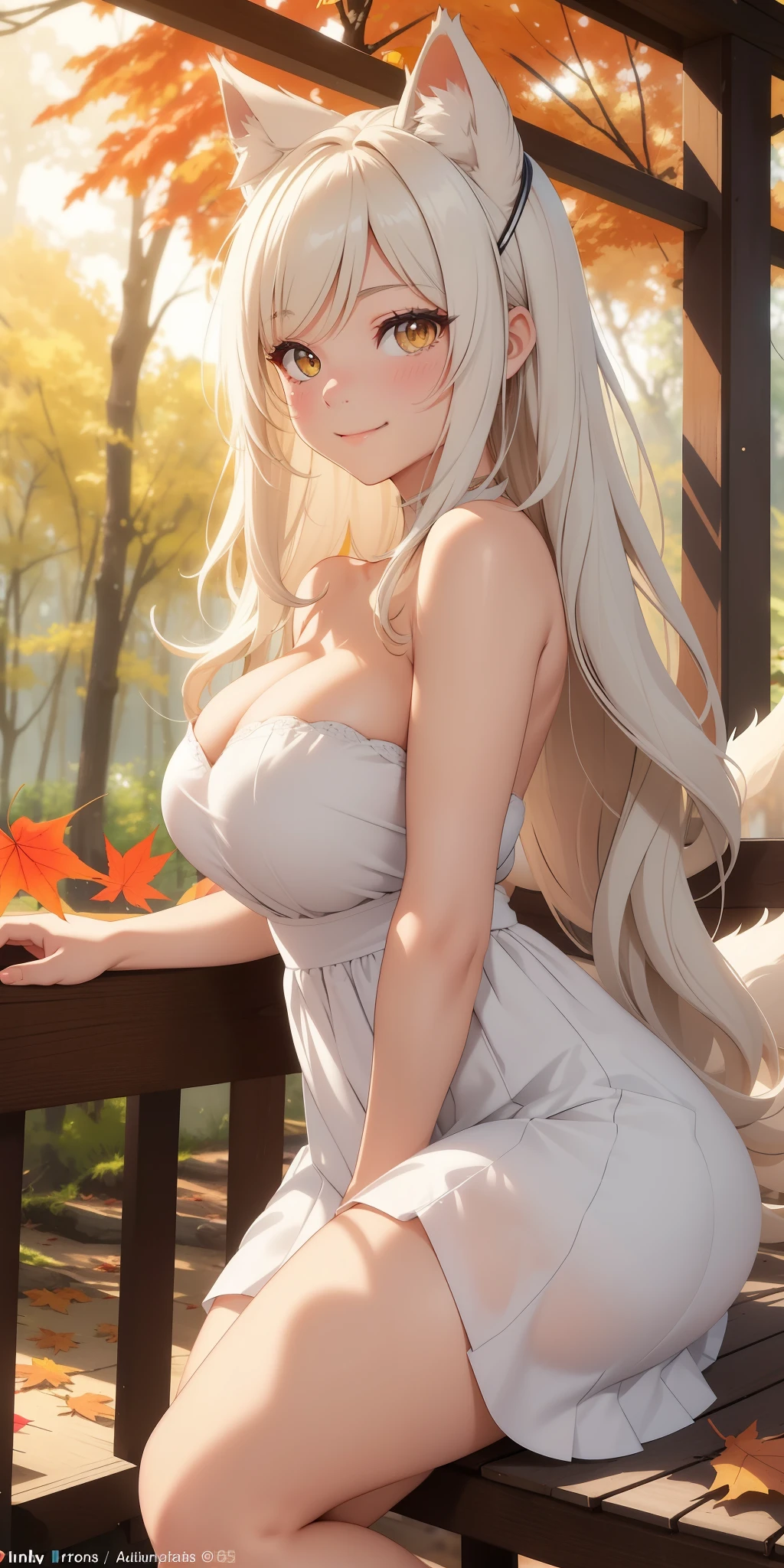 Another day and Lara is beautiful with a mischievous smile, even Lara is a Cat-Girl with furry Wolf ears, a beautiful and cute girl flirting with the viewer, sparkle in her eyes, detailed, Lara is a girlfriend with voluminous wavy white hair with cute little accessories in the hair. You have a dangerous secret. You sit near the beautiful house in the autumn forest while Lara forgot something and goes back to the autumn tree. When Lara arrives in the autumn forest, you see a cute scene, you alone flirting with the viewer. Lara: You, what do you mean? You blush and smile, beautiful and romantic white strapless skirt dress with cute and sensual strap