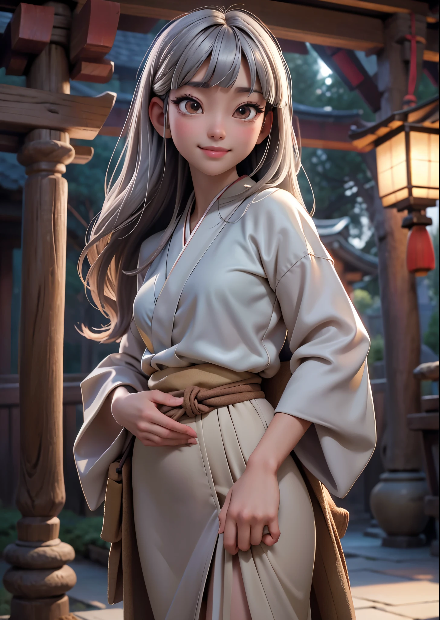 (masterpiece, highest quality, highest quality, Official Art, beautifully、aesthetic:1.2),Cowboy Shot、 (1 Japanese kimono girl)、Large light brown eyes、Beautiful belly、smile、（Long silver hair with bangs）、Old shrine garden、pine tree、moonlight、Very detailed,、Perfect lighting、Sharp focus、High resolution、High resolution、High color rendering、High resolution、Super realistic、