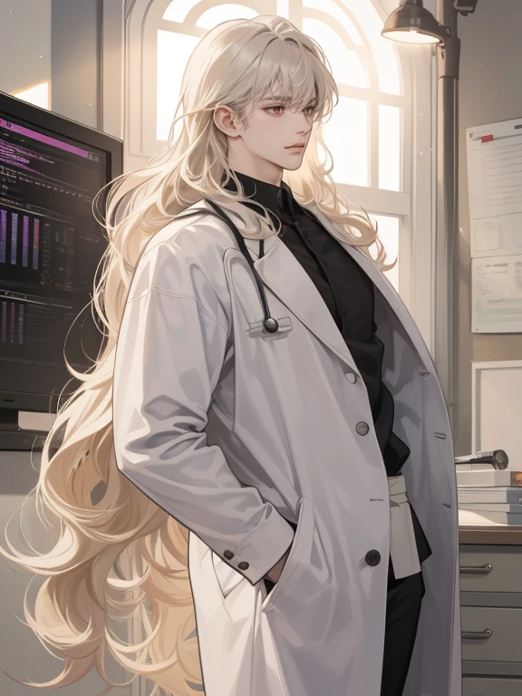 a towering figure at 6'2 ft, (red eyes against a pale complexion), His flowing long curly white hair, styled in a sophisticated mullet, His lean, refined demeanor make him the epitome of male beauty. elegant, office, handsome, mullet hair elegant, flowy hair, hairdown, thick hair between his eyes, (thick short side swept bangs), (black pajamas), (CLASSIC FRINGE WITH TEXTURE side swept), (wavy hair), (((on medical office))), ((((wearing doctor outfit))))
