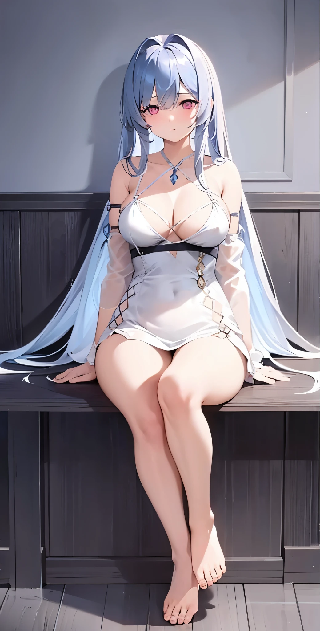 1girl, solo, long hair, breasts, bangs, large breasts, hair ornament, dress, holding, cleavage, bare shoulders, sitting, closed mouth, full body, white hair, thighs, detached sleeves, barefoot, white dress, feet, cup, legs, bare legs, toes, soles, crossed legs, blindfold, foot focus