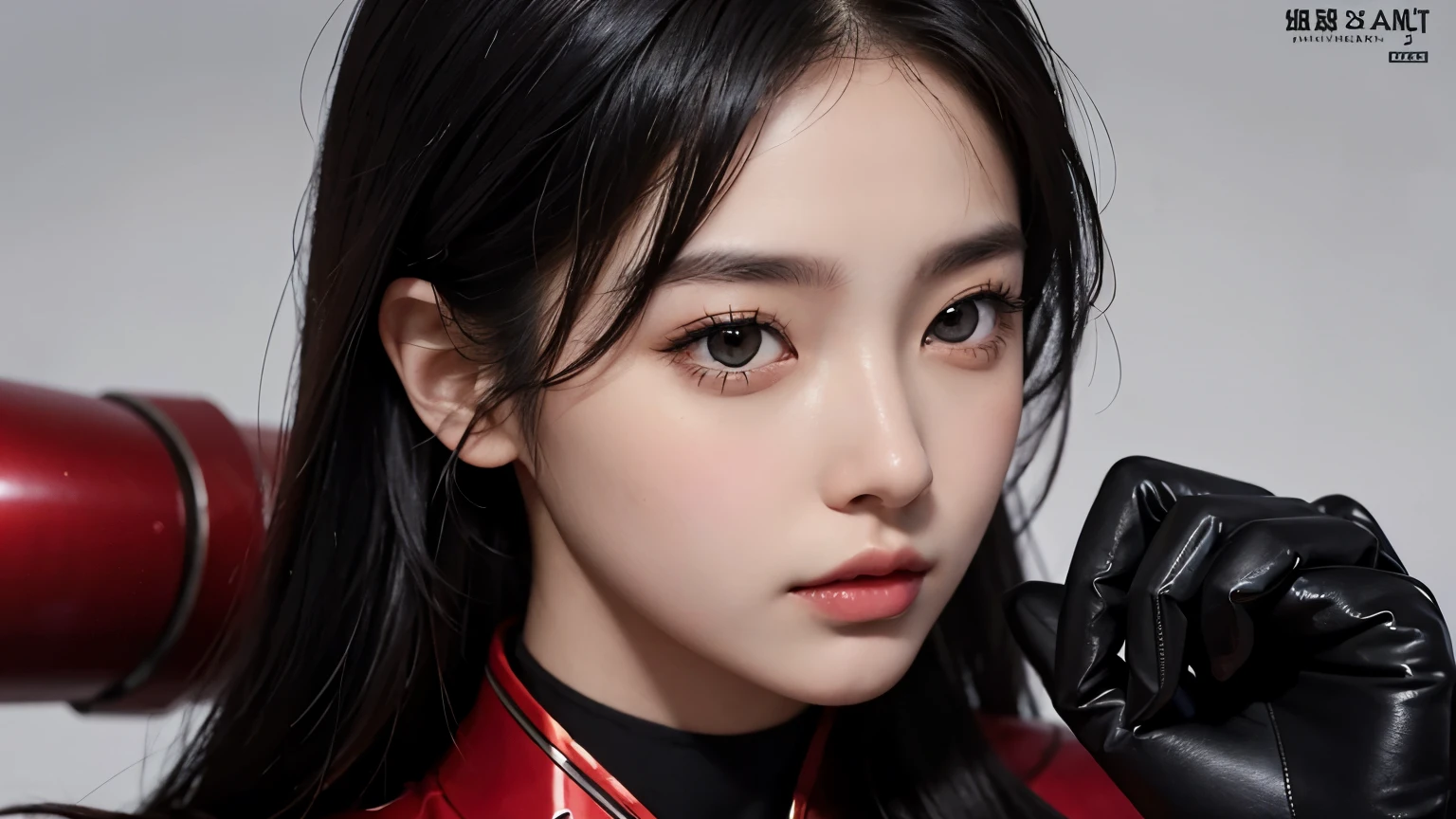 Upper body close-up image。One beautiful woman。Black Hair。Twenty years old。Detailed drawing of faces。Beautiful double eyelids。The same thread。Well-shaped lips。She wears a red metallic combat suit。She has a big gun。She's standing in the Martian wildernesasterpiece。
