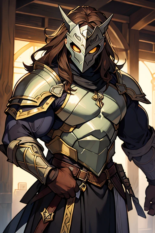 Hombre,. musculoso, long brown hair, silver armor mask, armadura de caballero de plata con el pecho descubierto 