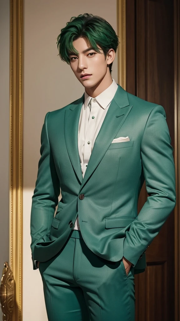A captivating photograph of a tall and handsome jungkoom with an athletic build and vibrant green hair radiates confidence as he wears a sleekly tailored cream-colored shirt with collar and matching jeans pants. This formal attire is perfect for any high-stakes occasion, elevating his polished appearance. The image is expertly captured with a moody, shadowy side lighting that highlights his muscular form and chiseled features, adding depth and dimension to the image. The ultra-high resolution and raw image quality guarantee a masterpiece, with every detail meticulously rendered in exquisite detail. From the textured fabric of his suit to the intricate pores on his face, nothing is left un