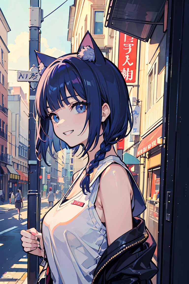 ((brother)), (beast娘), (Cat ear), (super high quality), masterpiece, wild, beast, (Cobalt Blue Girl and Orange Girl), Casual Scene, Relaxed atmosphere, She is wearing fashionable clothes,Summer sunshine, Street atmosphere, urban environment. Perfect body, (E Cup:1.2), Grin, teeth, Fresh, (Asymmetrical bangs:1.3),Short Bob,Braiding, Highly detailed face and eyes, Sharp eyes, Digital Art, beautiful, Cinema Lighting, by Yusuke Murata.tonality, Romanticism, modern art, Impressionism, reflected light, 8k, masterpiece, Advanced Details, highest quality, Accurate anatomy