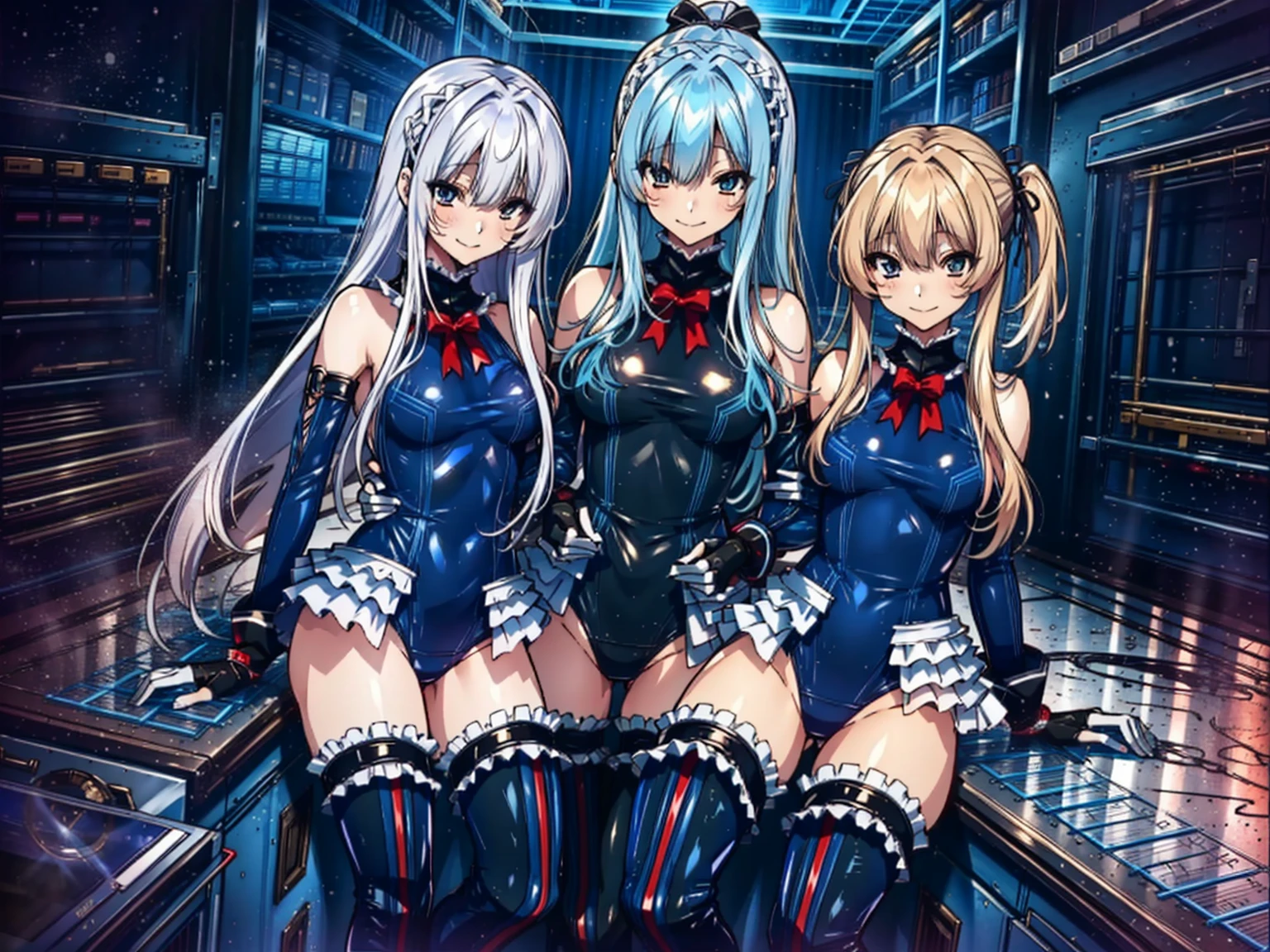 4K,Perfect Anatomy, highest quality, Marie Rose,Wicked Smile,Provocative attitude
,,Wicked Smile,Anime Style,(Ruffled swimsuit, Knee socks, Removed sleeve), (Anime Style:1.4) ,
,(White fingers:1.1,Black gloves),
Hollow Eyes,whole body,Three Girls、(In the research facility:1.4)
