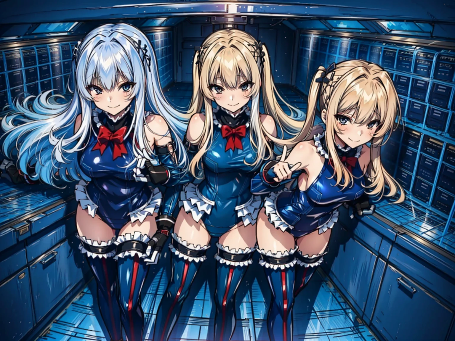 4K,Perfect Anatomy, highest quality, Marie Rose,Wicked Smile,Provocative attitude
,,Wicked Smile,Anime Style,(Ruffled swimsuit, Knee socks, Removed sleeve), (Anime Style:1.4) ,
,(White fingers:1.1,Black gloves),
Hollow Eyes,whole body,Three Girls、(In the research facility:1.4)
