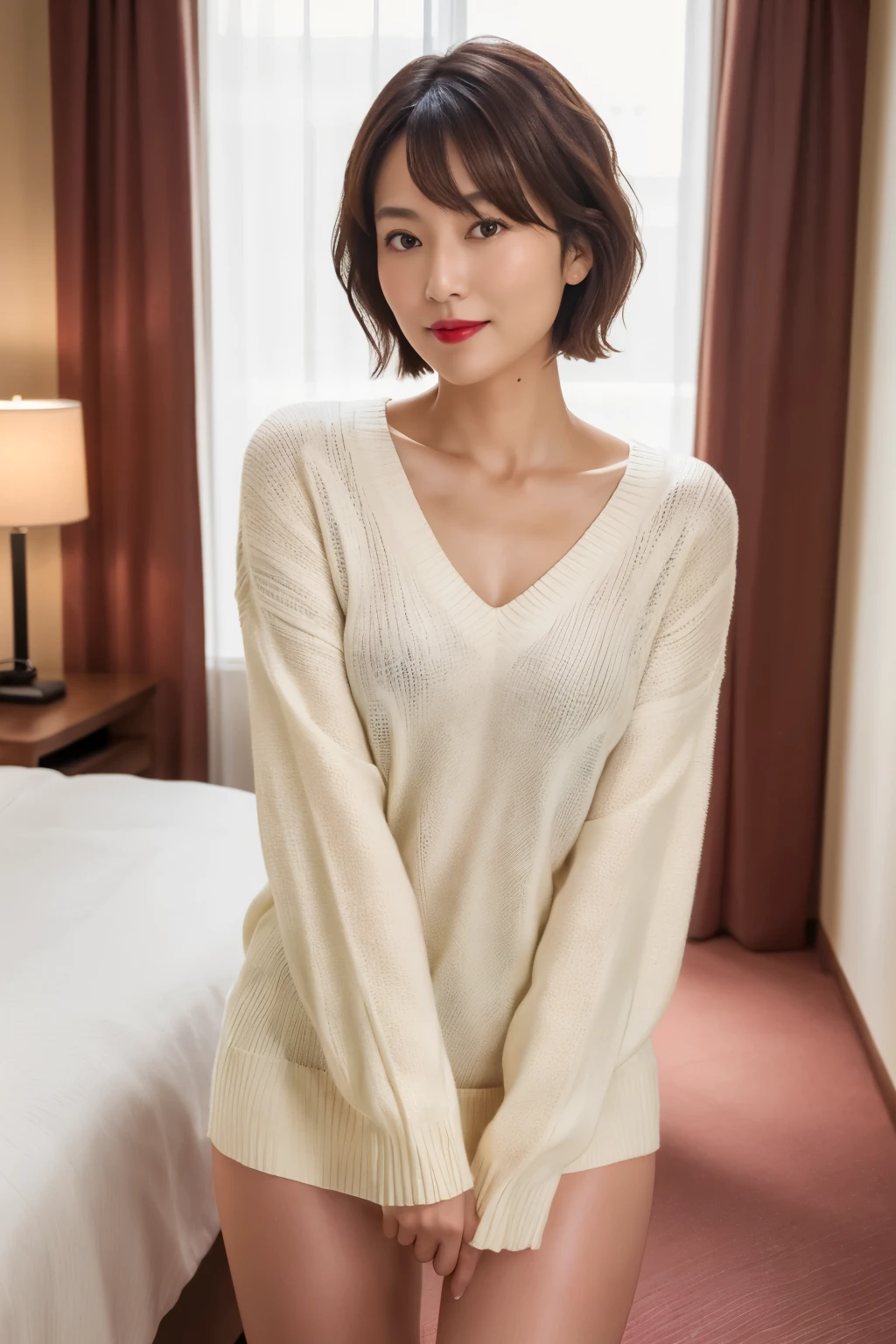 highest quality, Realistic, Very detailed, High resolution, 8k wallpaper, RAW Photos, Professional photography, Depth of written boundary, 1 mature japanese woman, Standing in a contemporary hotel room, (Red lips), ((Looking into the camera)), (Thighs), short hair, Bob Hair, Shapely small breasts, Loose long V-neck see-through knit sweater, Sexy pose