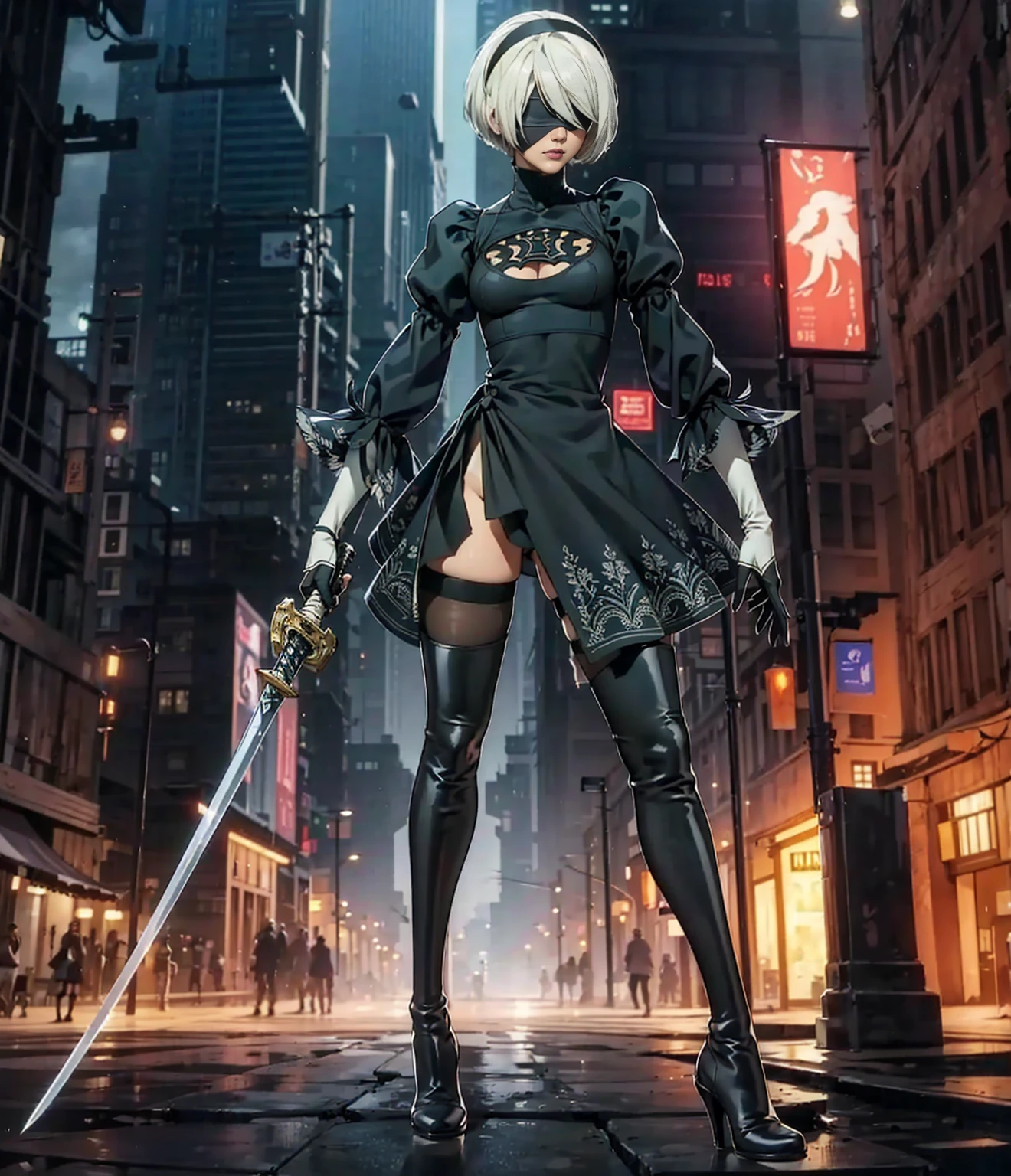 2B, 1girl, solo, short hair, thighhighs, gloves, long sleeves, dress, holding, cleavage, medium breasts, standing, full body, weapon, white hair, hairband, boots, puffy sleeves, sword, black thighhighs, black footwear, holding weapon, mole, black dress, high heels, leotard, clothing cutout, thigh boots, holding sword, cleavage cutout, katana, black hairband, juliet sleeves, mole under mouth, facing viewer, high heel boots, blindfold, covered eyes, black blindfold, feather-trimmed sleeves, masterpiece, 