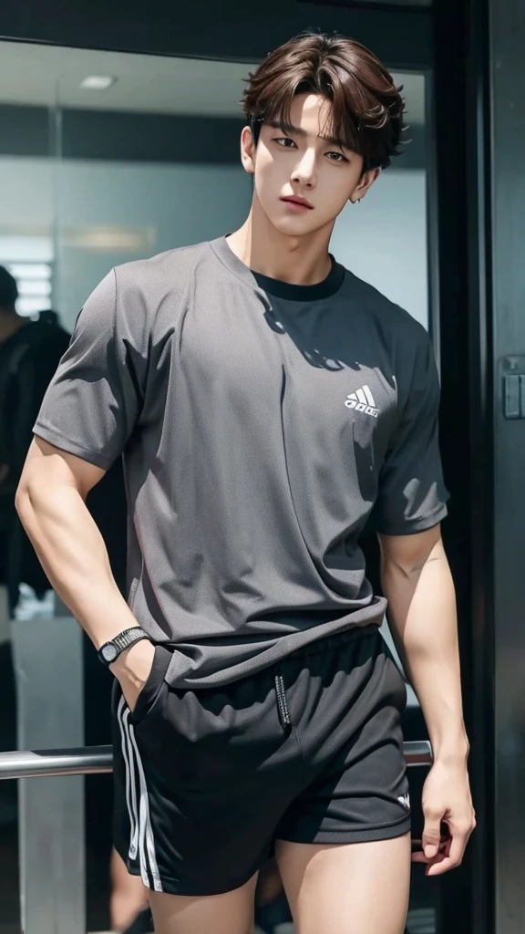 handsome jungkook in gray shirt, black tatooes, sporty shorts, provokative sexy pose