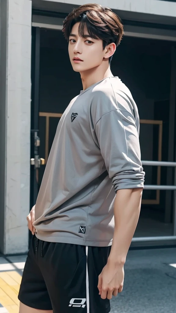 handsome jungkook in gray shirt, black tatooes, sporty shorts, provokative sexy pose