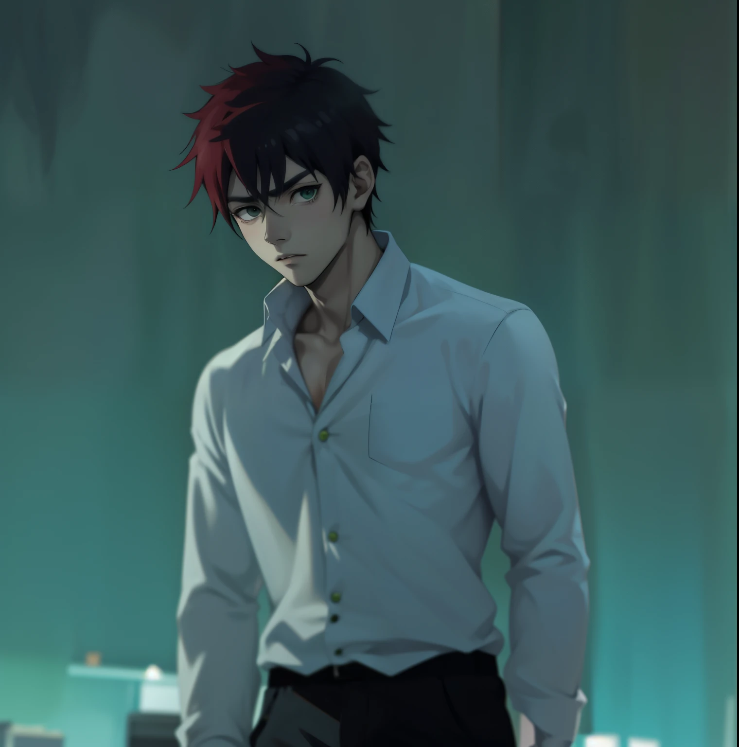 (estilo anime 2d plano) young 17 year old man is scared worried he is scared he has green hair gray eyes