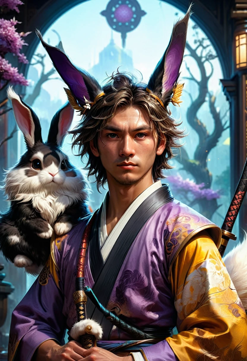 a cool boy with long fluffy rabbit ears, rabbit ears, Badass Samurai boy with rabbit ears intricate details, HDR, beautifully shot, hyperrealistic, sharp focus, megapixels, perfect composition, high contrast, cinematic, atmospheric, moody 8k resolution concept art by Greg Rutkowski dynamic lighting hyperdetailed intricately detailed Splash art trending on Artstation triadic colors Unreal Engine 5 volumetric lighting Alphonse Mucha WLOP, a masterpiece, 8k resolution, dark fantasy concept art, by Greg Rutkowski, dynamic lighting, hyperdetailed, intricately detailed, Splash screen art, trending on Artstation, deep color, Unreal Engine, volumetric lighting, Alphonse Mucha, Jordan Grimmer, purple and yellow complementary colours