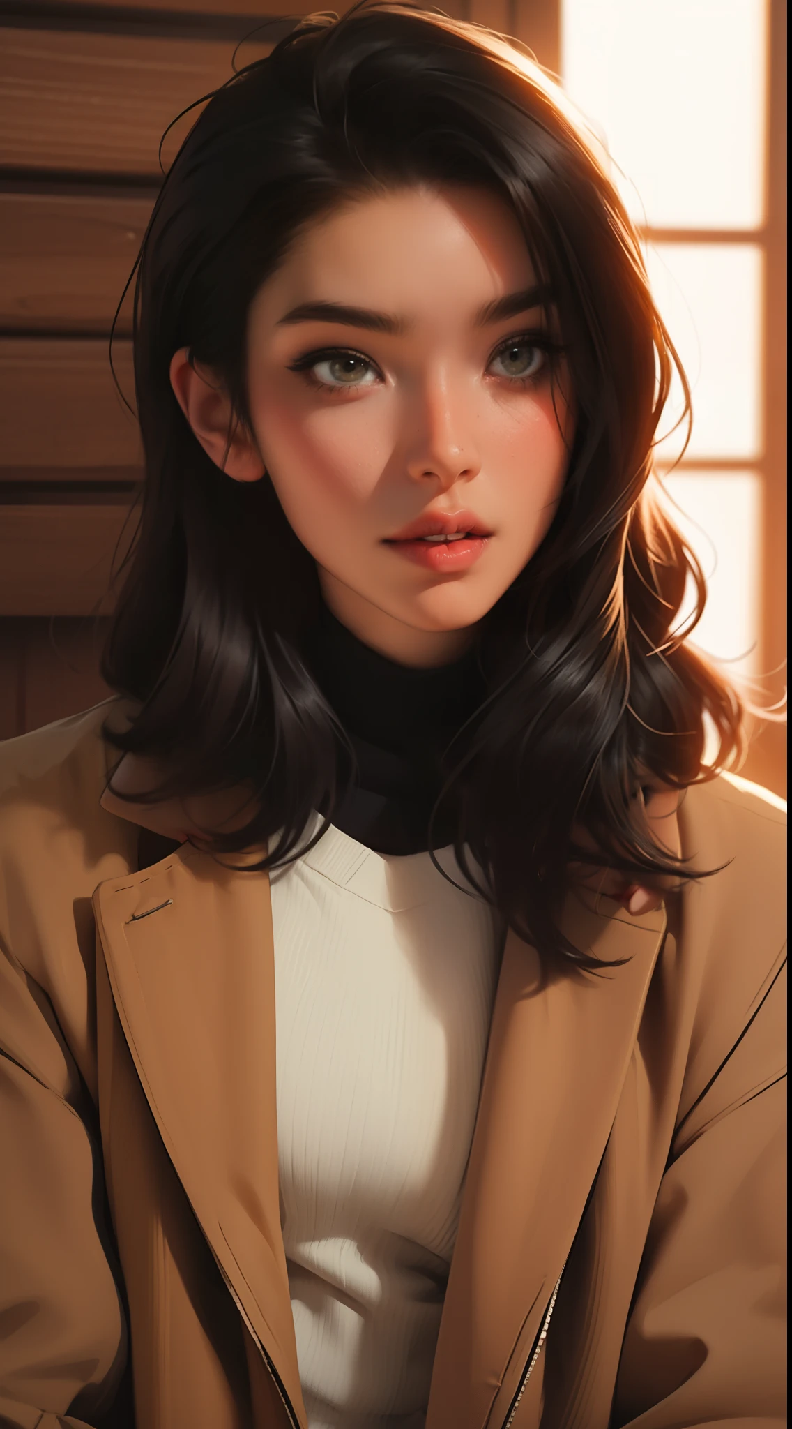 Girl, long, soft, dark gray hair, gray eyes, sharp features, white skin, pink lips, beautiful, sweater, brown jacket