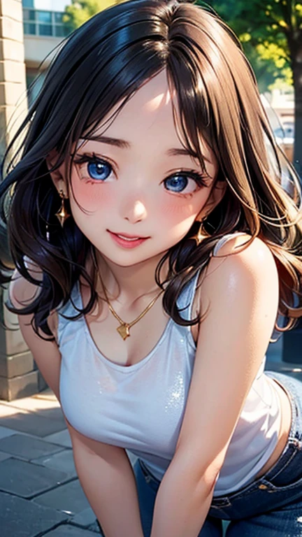 A girl is posing for a photo, cute女の子, Enchanting girl,
(((UHD)), ((highest quality)), ((masterpiece)), (Very detailed), (High resolution), (Beautiful detailed sparkle), (High detail), (Anatomically correct)), ((Realistic)), ((The best CG)), Ultra-detailed art, CG illustration, 16k, 1080P, Oil paints:1.2,
(((One Woman))),
(Symmetrical facial features:1.4, Perfect Face), Beautiful clavicle, (Beautiful fingers), (Beautiful breasts, (Dcup)),
Beautiful body, Beautiful thighs, Beautiful feet, Perfect round butt, (((Detailed skin, Oily skin, Textured skin, Beautiful Skin))),
(((Baby Face, cute, ))),
(Slanted Eyes, Expression of fine eyes, Beautiful and delicate eyes, Sparkling eyes, Eye Reflexes, Dark blue eyes),
(Beautiful Nose,Thin Nose),
(Glossy Lips, Beautiful Lips, thick lips),
(Beautiful Hair, Shiny Hair, Shiny Hair), Hair fluttering, (Brown Hair, Forehead、Wavy Hair、Long Hair),
(Black half tank top)、Denim skinny pants, sneakers, Earrings、Gold Necklace、 Gold Bracelet、
BREAK
(laughing、smile),
BREAK
(noon、(Tree-lined street:1.4、A park with a fountain in the sunlight)), ((Seductive pose, Leaning forward, Peek into, upper body shot))