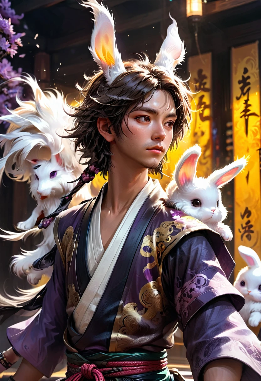 a cool boy with long fluffy rabbit ears, rabbit ears, Badass Samurai boy with rabbit ears intricate details, HDR, beautifully shot, hyperrealistic, sharp focus, megapixels, perfect composition, high contrast, cinematic, atmospheric, moody 8k resolution concept art by Greg Rutkowski dynamic lighting hyperdetailed intricately detailed Splash art trending on Artstation triadic colors Unreal Engine 5 volumetric lighting Alphonse Mucha WLOP, a masterpiece, 8k resolution, dark fantasy concept art, by Greg Rutkowski, dynamic lighting, hyperdetailed, intricately detailed, Splash screen art, trending on Artstation, deep color, Unreal Engine, volumetric lighting, Alphonse Mucha, Jordan Grimmer, purple and yellow complementary colours