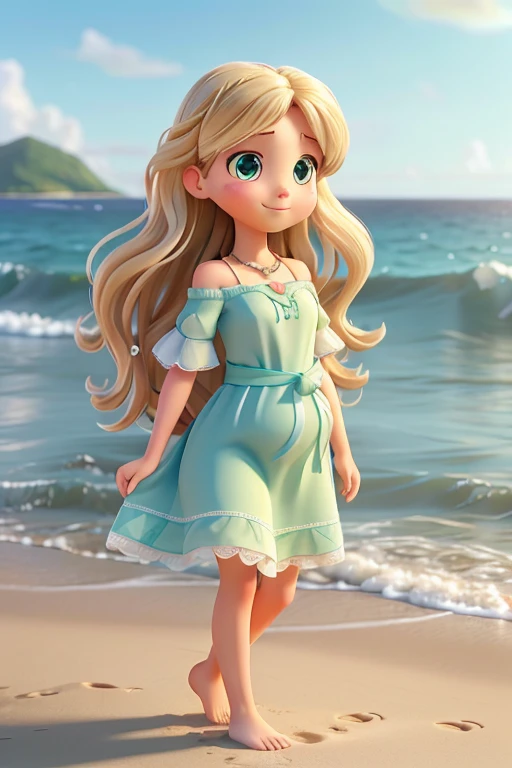 with long, wavy blonde hair, styled in loose curls. She has large, expressive green eyes and a soft, gentle expression on her face.
she rises gracefully from the sandy shore and walks towards the water's edge, her bare feet sinking into the cool, wet sand. With each step, she feels the soothing embrace of the ocean drawing her closer.
She is wearing a light green, off-shoulder dress with delicate lace details and a sash tied around her waist. The dress has sheer sleeves that add a touch of elegance to her appearance. A delicate necklace with a small pendant rests around her neck, adding to her graceful look. her pregnant belly,
With a soft smile playing on her lips, she extends her hand towards the water, letting her fingertips brush against the surface, feeling the playful caress of the waves. As she gazes out into the vast expanse of the sea, she feels a sense of freedom and connection to something greater than herself.
Suddenly, a distant sailboat catches her eye, its sails billowing in the breeze as it glides effortlessly across the horizon. Mesmerized by its beauty, she imagines herself aboard, sailing into the unknown with her loved one by her side.
warm smile on his face. walk along the water's edge,
As she watch the sun dip below the horizon, painting the sky in shades of pink and gold