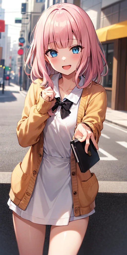 2D, masterpiece, highest quality, and soul, very detailed, cowboy shot, 1 girl, solo, Chika Fujiwara, blue eyes, pink haired, hair ribbon, black bow, (white loose dress:1.3), (pink cardigan:1.3), Opening the front of the cardigan, city background, best smile, open your mouth
