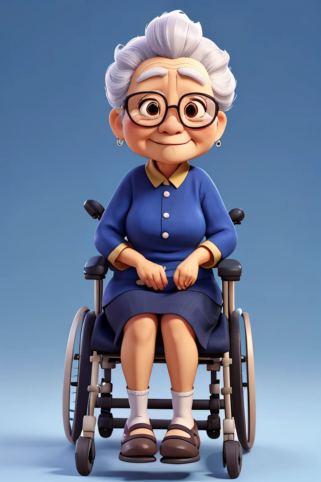 Cartoon character of 1 old Asian woman in a wheelchair with black glasses and a blue shirt, simple clean background, best quality, sharp focus
