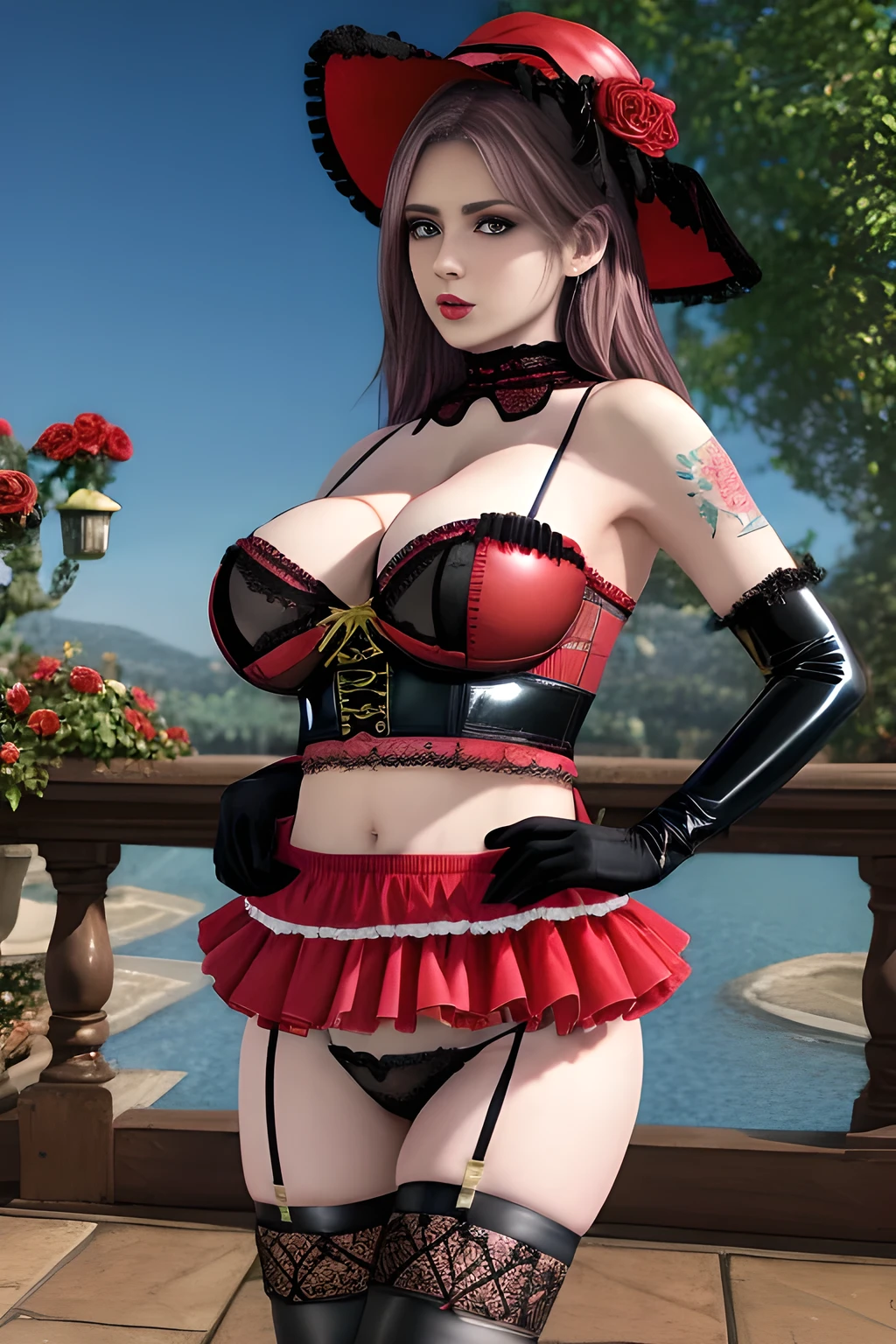 1 girl,BREAK (Royal:1.4), (red and black theme:1.5), ((red) bucket hat with rose corsage:1.4), (fusion of black high neck crop top and latex (red bustier):1.4), ((floral lace, see-through):1.3), ((sleeveless, bare shoulders):1.3), (red tiered skirt with black ruffles:1.4), ((ultra long gloves) with floral lace:1.3), (wrap a (cat garter) around thighs:1.4), outdoor,elegant,nighttime,moonlighe,shiny skin,( huge breasts), lip gloss,tattoos, masterpiece, best quality, realistic ,Surrealism,natural colors art in 8k,soft shadows,High-definition RAW color photos professional portrait photos,solo, elise,