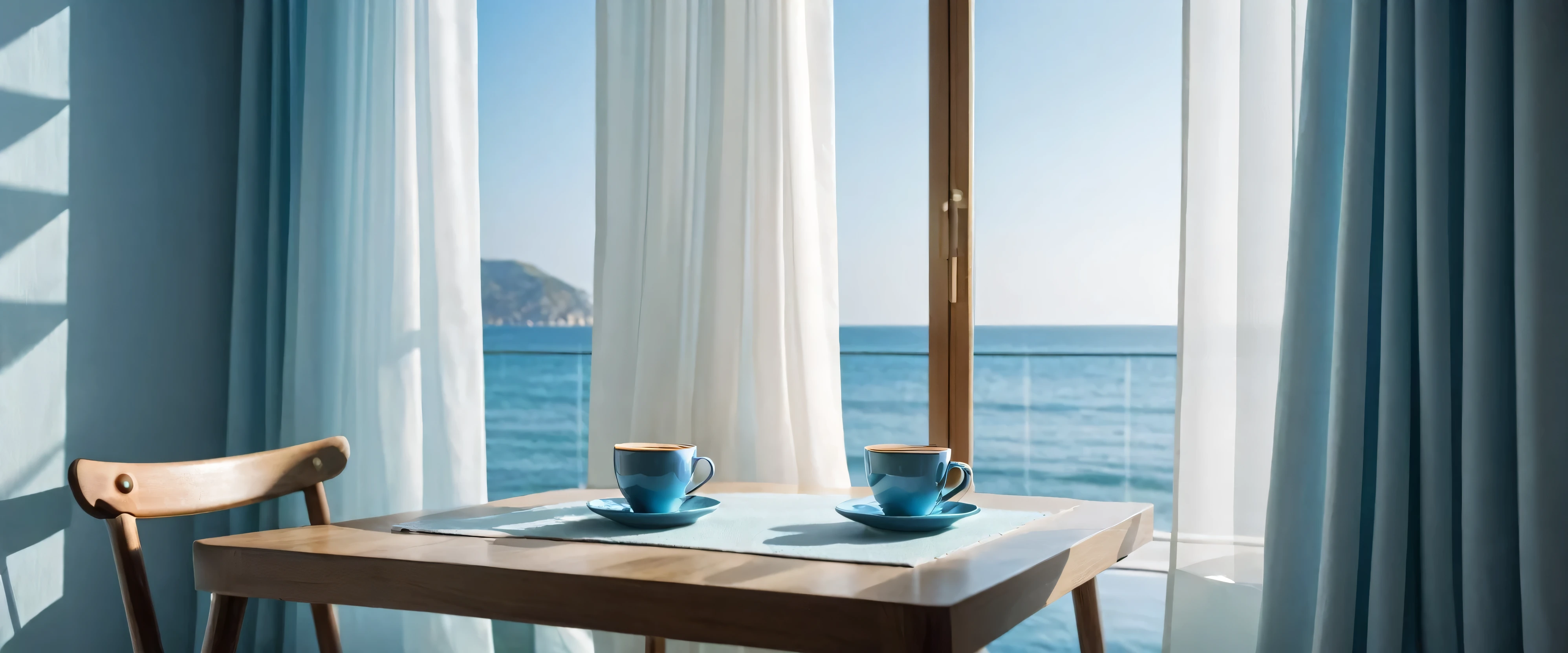 darkroom,morning, table,There is a small potted plant on the table. a cup oF coFFee, soFt shadow, Stylish and modern, luminous screen, cold blue light, flowing transparent white curtains.Looking out the window at the fresh morning seaside scenery,, Very detailed,tonal texture.Obvious contrast oF light and shadow.High-end and quality.halF-length view , 50 mm , F/1.8 , Shutter speed 1/60 , ISO 50 ,Color temperature 4000k, masterpiece.First-person view