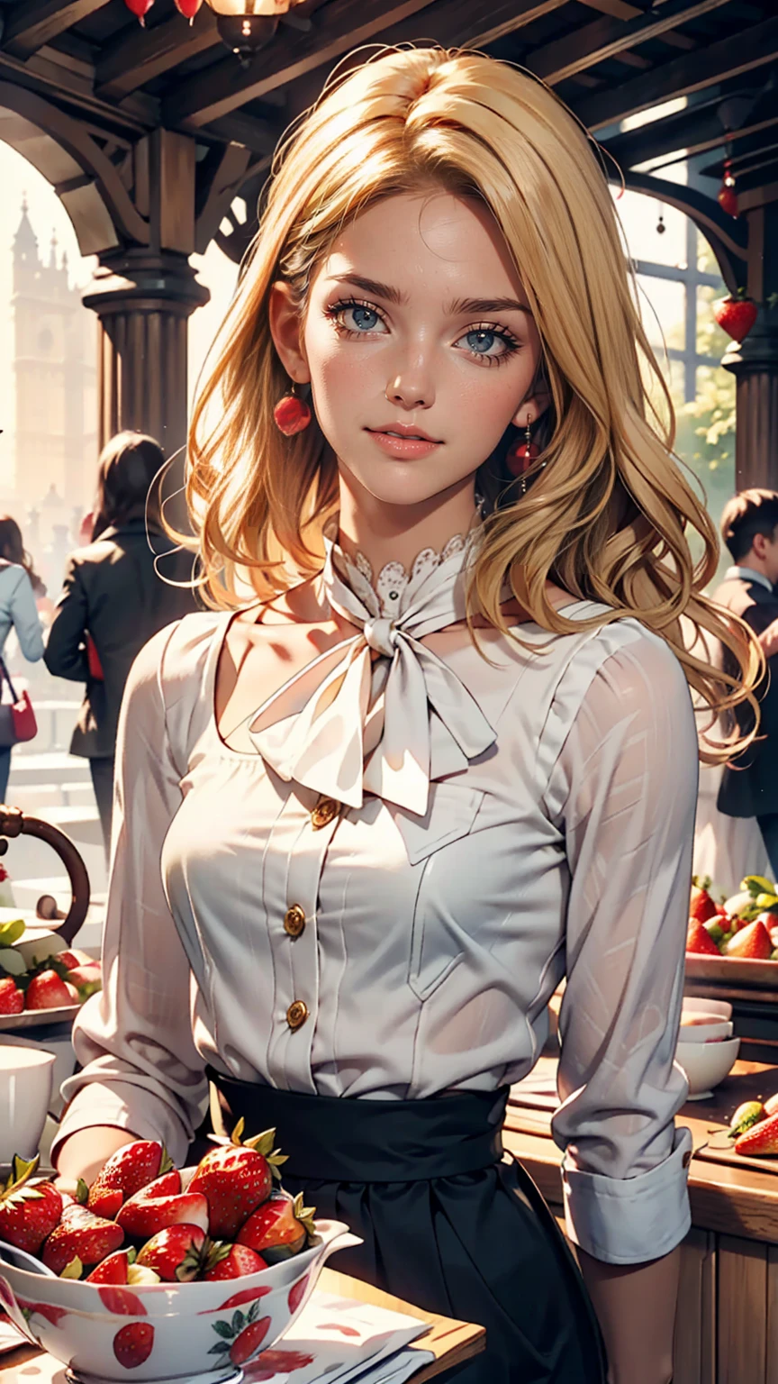 London、Jumper skirt with watercolor print of British white roses and strawberries、British woman in a high-neck ribbon blouse、White、Blonde、blue eyes、Wavy hair、Smile