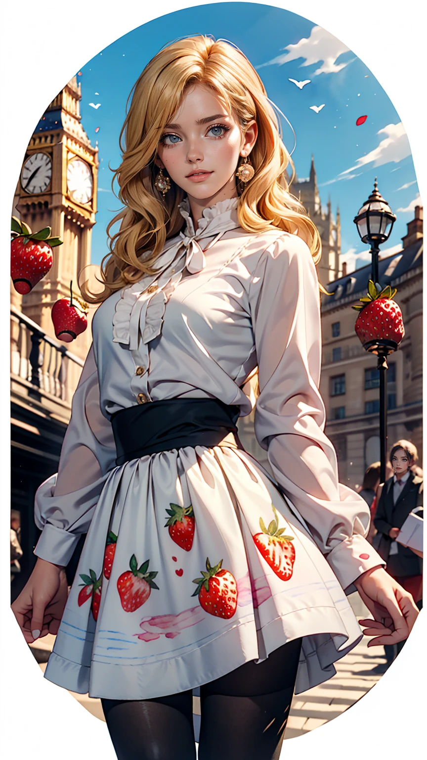 London、Jumper skirt with watercolor print of British white roses and strawberries、British woman in a high-neck ribbon blouse、White、Blonde、blue eyes、Wavy hair、Smile