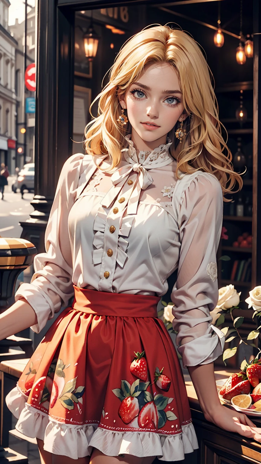 London、Jumper skirt with watercolor print of British white roses and strawberries、British woman in a high-neck ribbon blouse、White、Blonde、blue eyes、Wavy hair、Smile