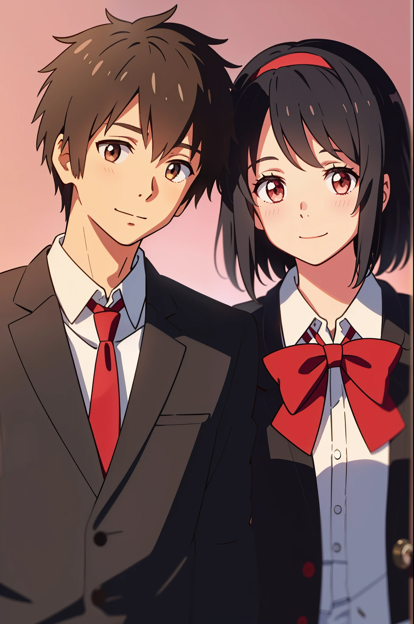 shinkai makoto, kimi no na wa., 1girl, 1boy, bangs, black hair, short hair, blush, brown eyes, collared shirt, white shirt, black cardigan, (boy wear red tie), (girl wear red bow, red headband, red ribbon), cute, couple, adorable, shinny skin, looking at viewer, smile, simple background, upper-body