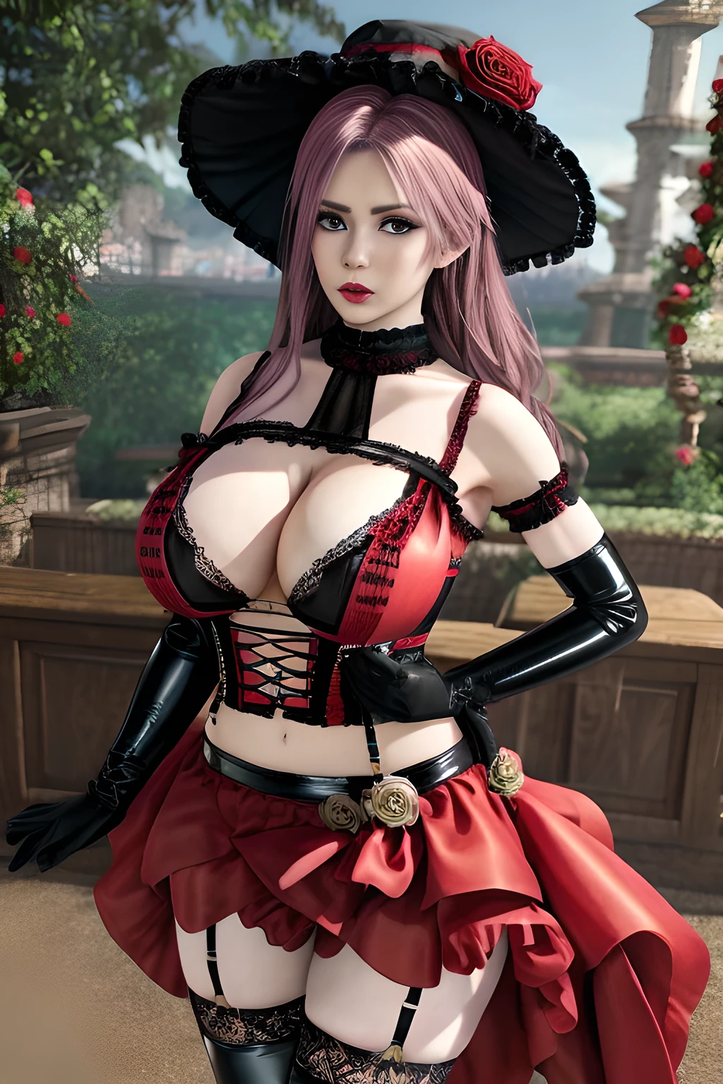 1 girl,BREAK (Royal:1.4), (red and black theme:1.5), ((red) bucket hat with rose corsage:1.4), (fusion of black high neck crop top and latex (red bustier):1.4), ((floral lace, see-through):1.3), ((sleeveless, bare shoulders):1.3), (red tiered skirt with black ruffles:1.4), ((ultra long gloves) with floral lace:1.3), (wrap a (cat garter) around thighs:1.4), outdoor,elegant,nighttime,moonlighe,shiny skin,( huge breasts), lip gloss,tattoos, masterpiece, best quality, realistic ,Surrealism,natural colors art in 8k,soft shadows,High-definition RAW color photos professional portrait photos,solo,  elise,