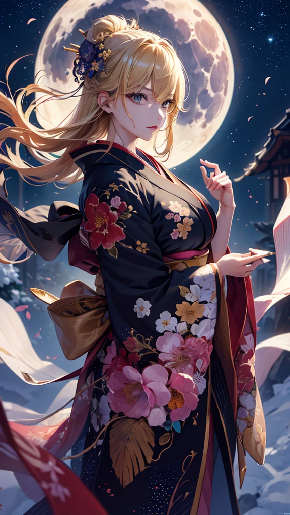 masterpiece, high quality, 4K, Beautiful design, silhouette，blonde， 非常に詳細な夜のStarry Sky,Flower Field， wonderful, Finer details,  Very knowledgeable woman, Highly detailed solo, 1 female,Big Breasts，Red colored kimono，Night view，Starry Sky，full moon，