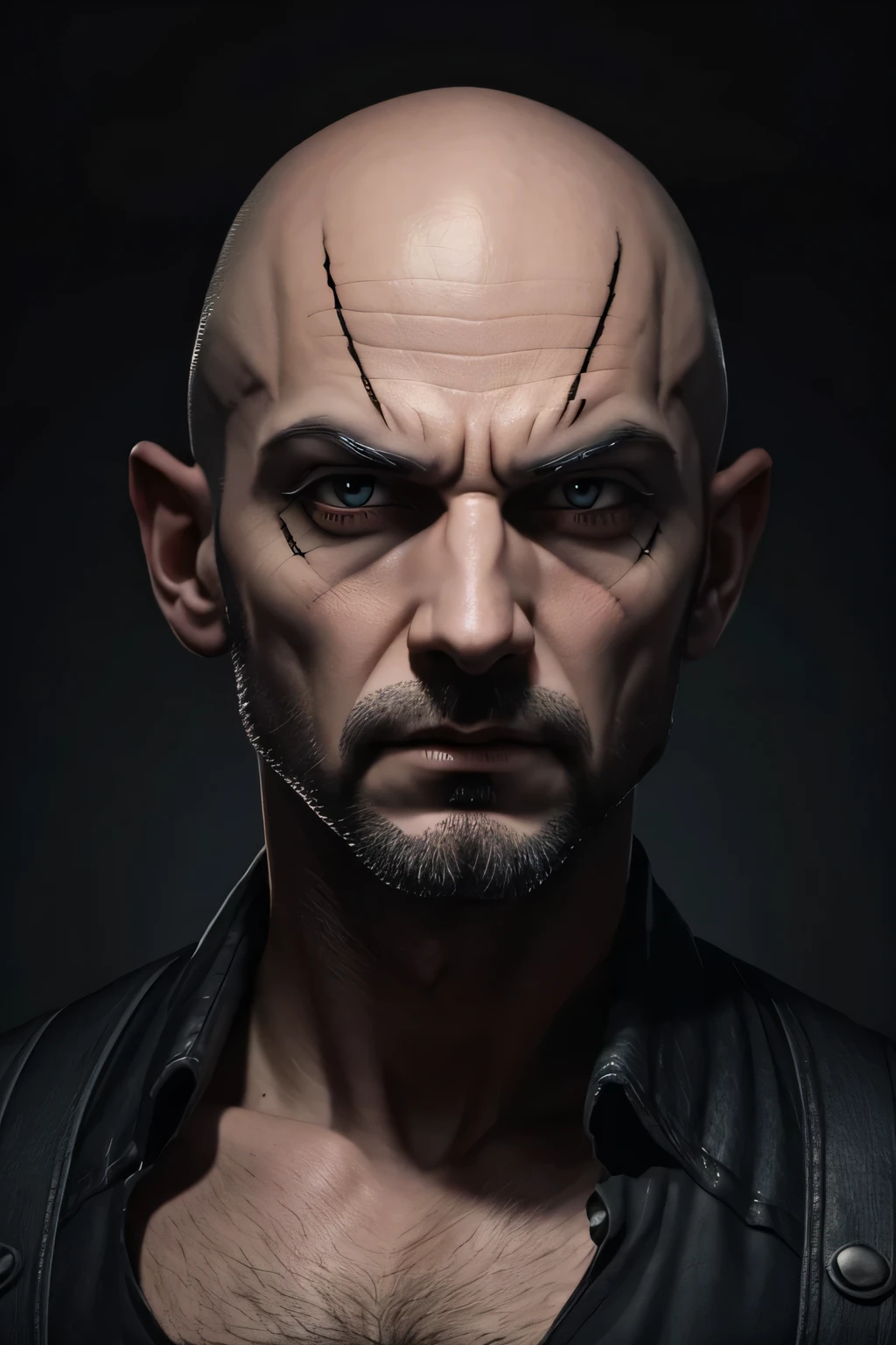 A scary, bald male character illustration. 8k resolution.