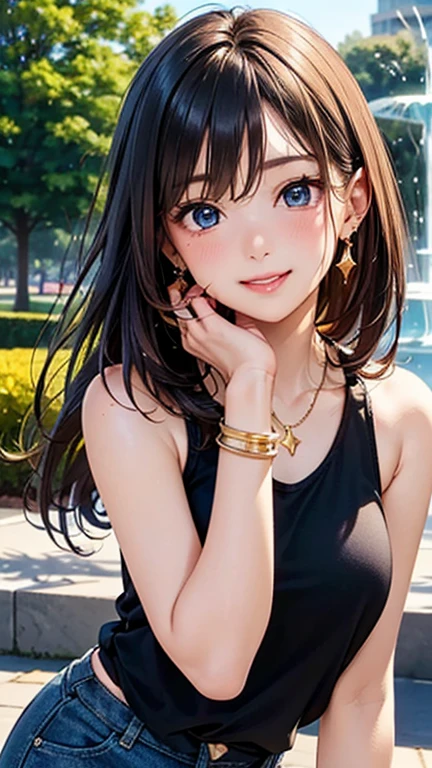 A girl is posing for a photo, cute女の子, Enchanting girl,
(((UHD)), ((highest quality)), ((masterpiece)), (Very detailed), (High resolution), (Beautiful detailed sparkle), (High detail), (Anatomically correct)), ((Realistic)), ((The best CG)), Ultra-detailed art, CG illustration, 16k, 1080P, Oil paints:1.2,
(((One Woman))),
(Symmetrical facial features:1.4, Perfect Face), Beautiful clavicle, (Beautiful fingers), (Beautiful breasts, (Dcup)),
Beautiful body, Beautiful thighs, Beautiful feet, Perfect round butt, (((Detailed skin, Oily skin, Textured skin, Beautiful Skin))),
(((Baby Face, cute, ))),
(Slanted Eyes, Expression of fine eyes, Beautiful and delicate eyes, Sparkling eyes, Eye Reflexes, Dark blue eyes),
(Beautiful Nose,Thin Nose),
(Glossy Lips, Beautiful Lips, thick lips),
(Beautiful Hair, Shiny Hair, Shiny Hair), Hair fluttering, (Brown Hair, all back、Long Hair),
(Black half tank top)、Denim skinny pants, sneakers, Earrings、Gold Necklace、 Gold Bracelet、
BREAK
(laughing、smile),
BREAK
(noon、(Tree-lined street:1.4、A park with a fountain in the sunlight)), ((Seductive pose, Leaning forward, Peek into, upper body shot))