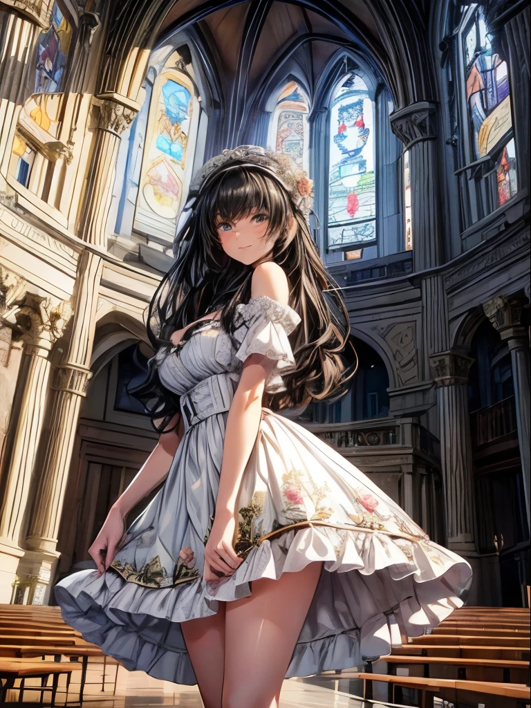 very beautiful woman,(28 years old, highly detailed beautiful face and eyes),(smile:1.2),
black hair,looking at viewer,stylish pose,beautiful legs,cowboy shot,
floral pattern white ****ta dress with detailed frills,
altar,church,indoors,
(best quality,masterpiece),absurdres,highres,ultra-detailed,extremely detailed,32k,8k resolution,
intricate details,cinematic scene,detailed background,solo,dynamic angle,