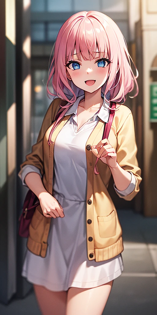 2D, masterpiece, highest quality, and soul, very detailed, cowboy shot, 1 girl, solo, Chika Fujiwara, blue eyes, pink haired, hair ribbon, black bow, (white loose dress:1.3), (pink cardigan:1.3), Opening the front of the cardigan, city background, best smile, open your mouth