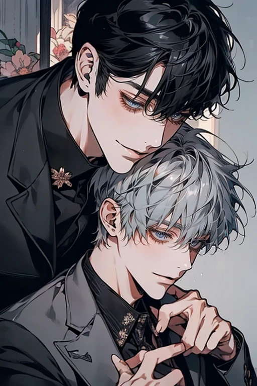 (Mastepiece), (Best Quality), Very detailed, ((Two men:1.5)), Perfect Face, Beautiful Face, Very detailedな顔,(Black-haired man:1.3),(Grey-haired man:1.3),suit,shirt,smile,flower