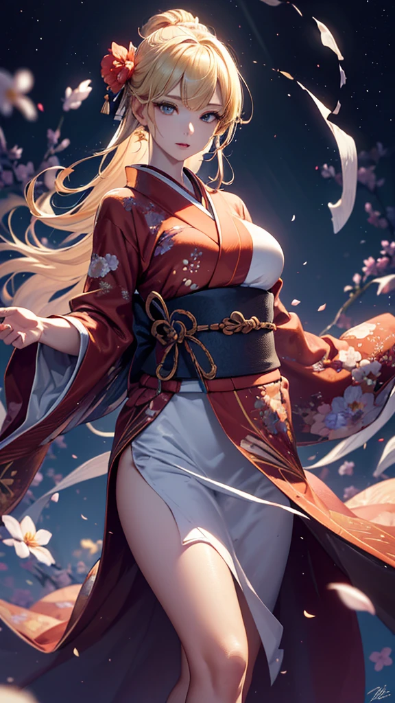 masterpiece, high quality, 4K, Beautiful design, silhouette,blonde, 非常に詳細な夜のStarry Sky,Flower Field, wonderful, Finer details, Very knowledgeable woman, Highly detailed solo, 1 female,Big Breasts,Red colored kimono,Night view,Starry Sky,full moon,Dancing petals,