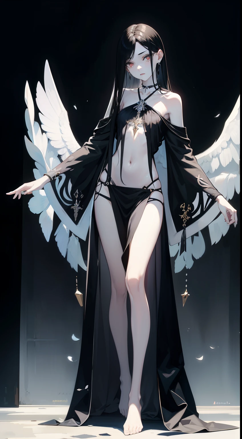((best quality)), ((masterpiece)), (detailed), perfect face, Character design, female, long black hair, wearing a black angelic dress with silver details, white eyes, small frame, very skinny, detailed, best quality, no accesoires around the neck, no shoes, prominent collarbones, skinny arms, flat stomach, visible hip bones, full body, fangs, pale skin, angelic