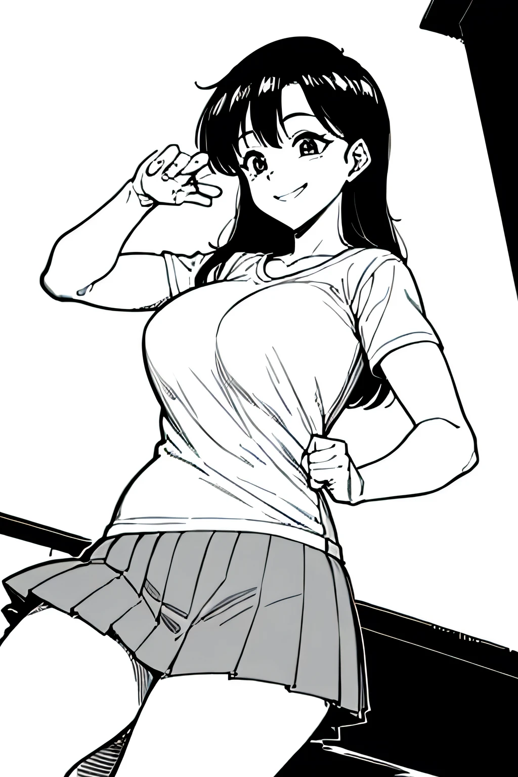 masterpiece, highest quality, One Girl, T-Shirts, smile, School Bags, cyber punk, Street, Monochrome, Line art、